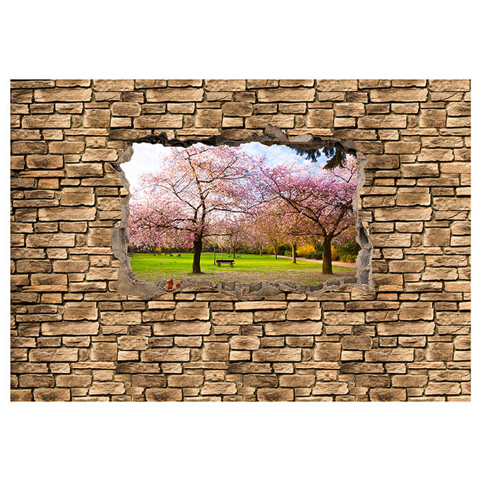 Fototapete 3D Sakura Blumen blühen - Steinmauer M0667 - Bild 2