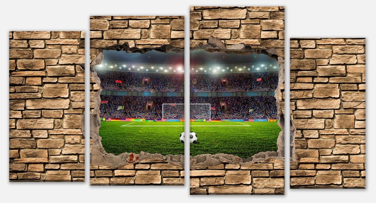 Leinwandbild Mehrteiler 3D Fußballfeld - Steinmauer M0669