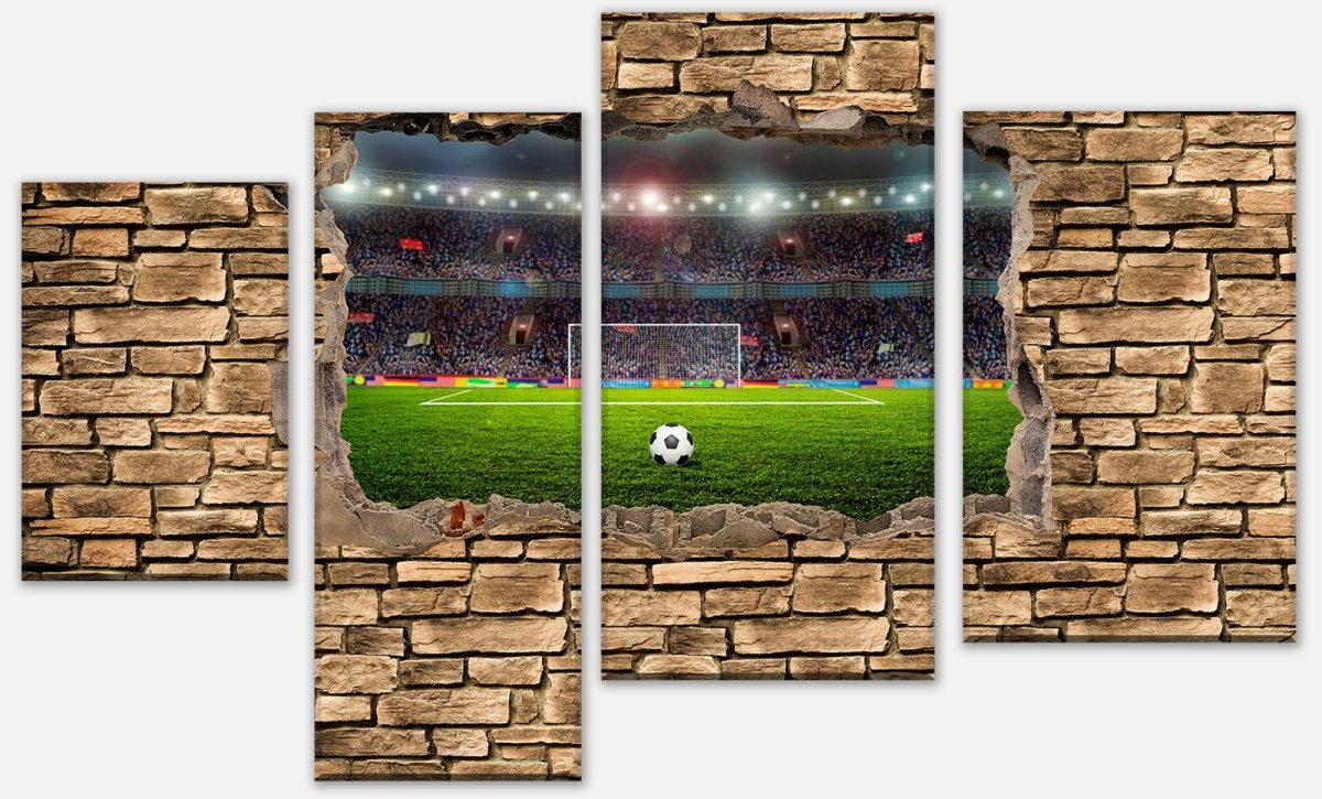 Leinwandbild Mehrteiler 3D Fußballfeld - Steinmauer M0669