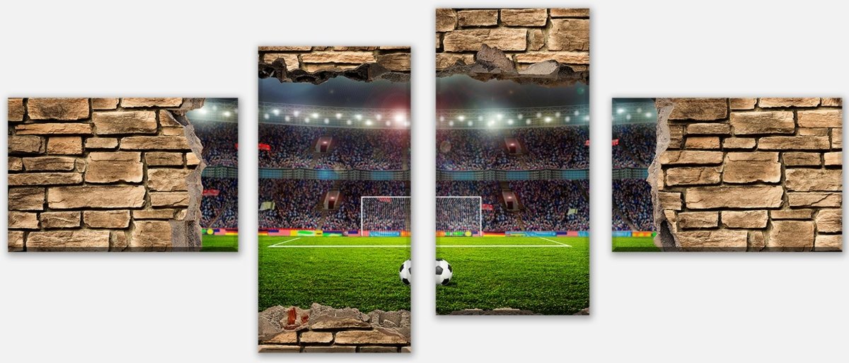 Leinwandbild Mehrteiler 3D Fußballfeld - Steinmauer M0669