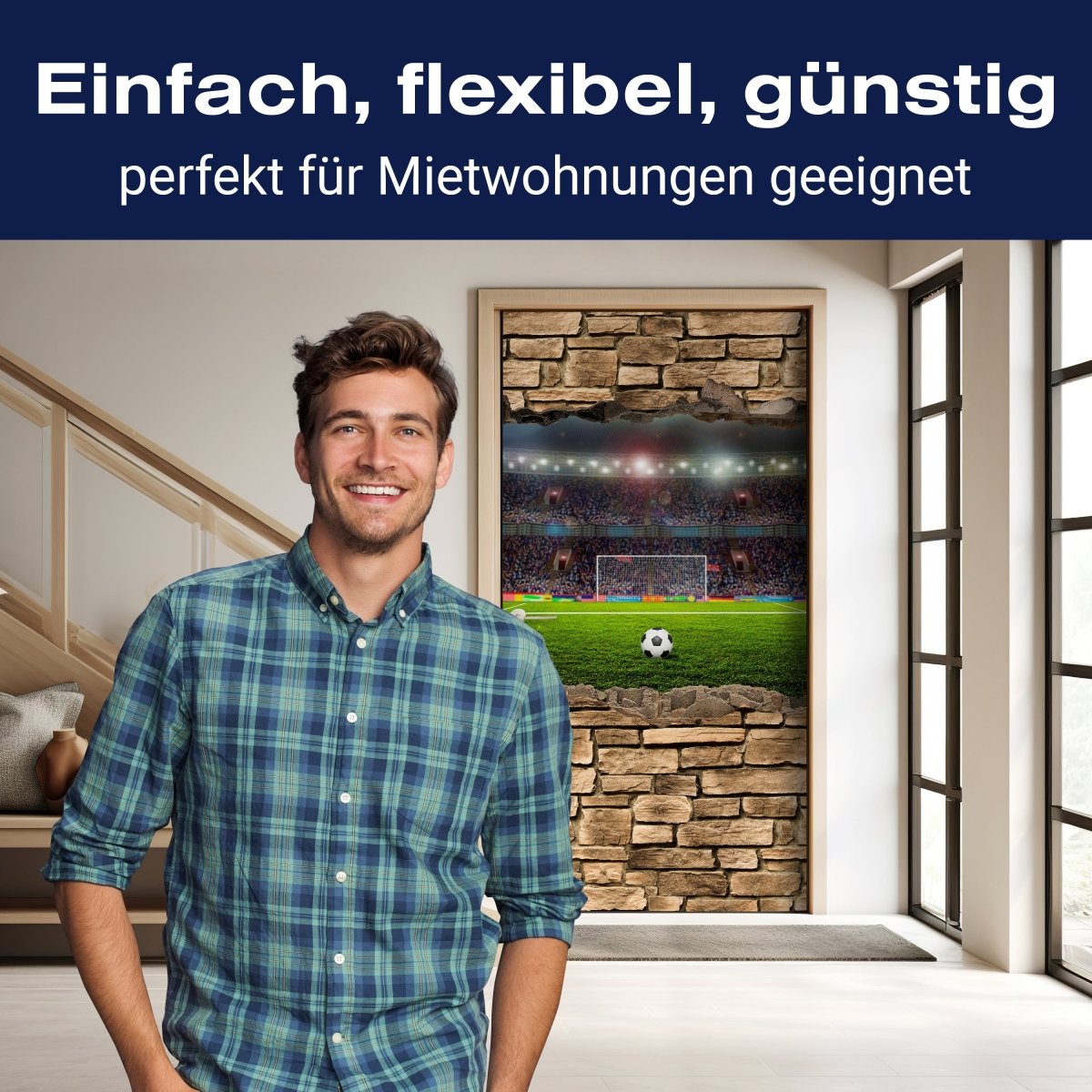 Türtapete 3D Fußballfeld - Steinmauer M0669 - Bild 3