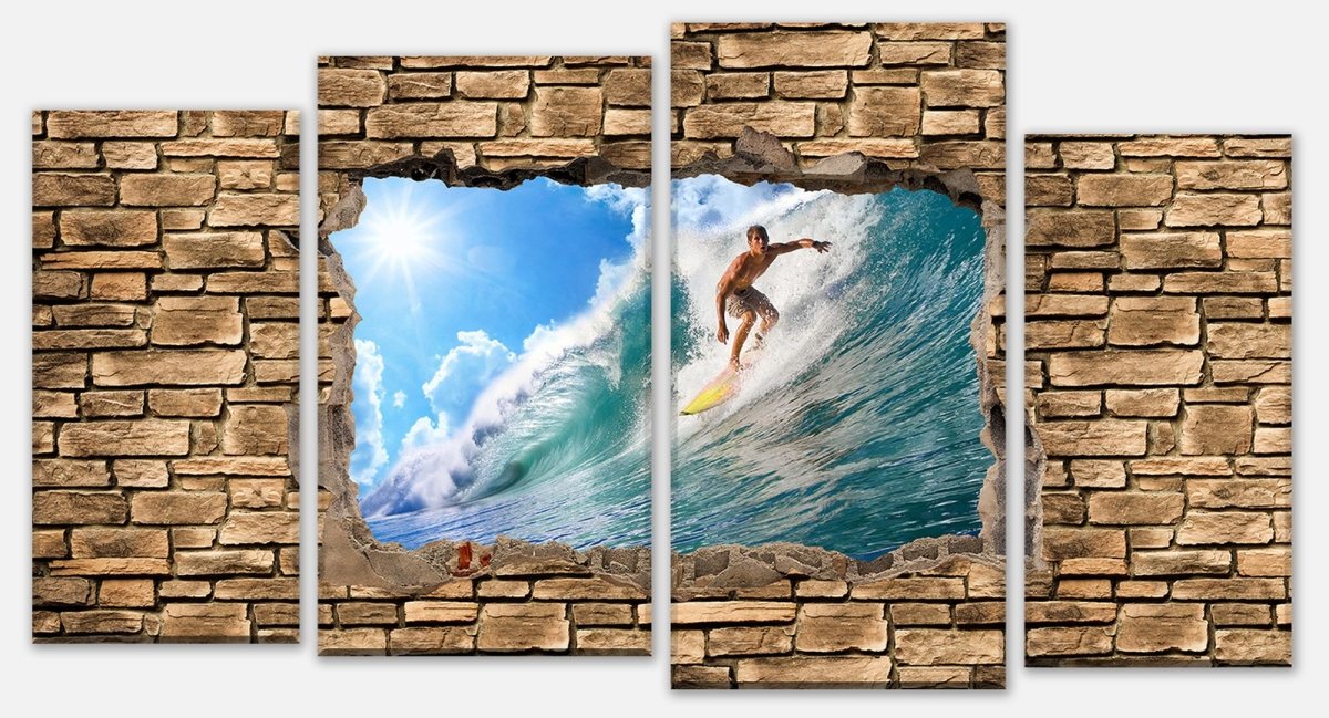 Leinwandbild Mehrteiler 3D Surfing - Steinmauer M0672