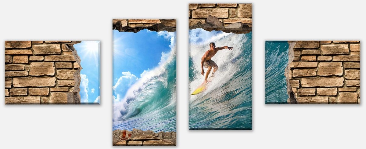 Leinwandbild Mehrteiler 3D Surfing - Steinmauer M0672