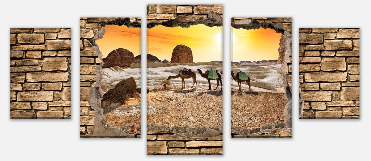 Leinwandbild Mehrteiler 3D Kamele in der Wüste - Steinmauer M0673 entdecken - Bild 1