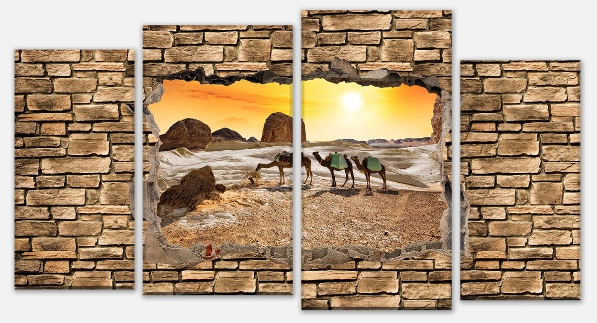 Canvas Print Panel 3D camels in the desert - stone wall M0673