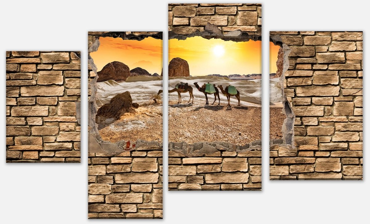 Canvas Print Panel 3D camels in the desert - stone wall M0673