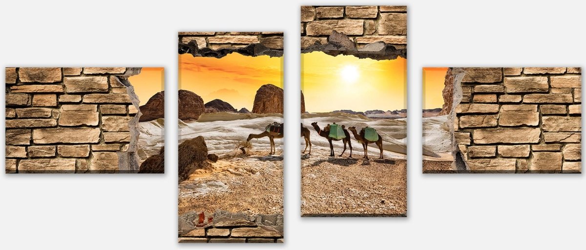 Canvas Print Panel 3D camels in the desert - stone wall M0673