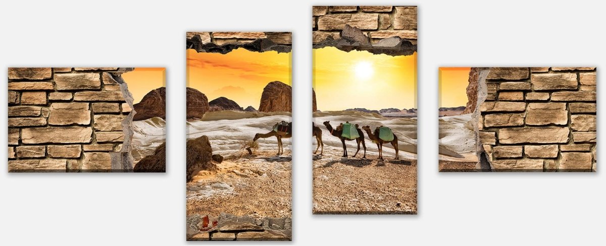 Leinwandbild Mehrteiler 3D Kamele in der Wüste - Steinmauer M0673