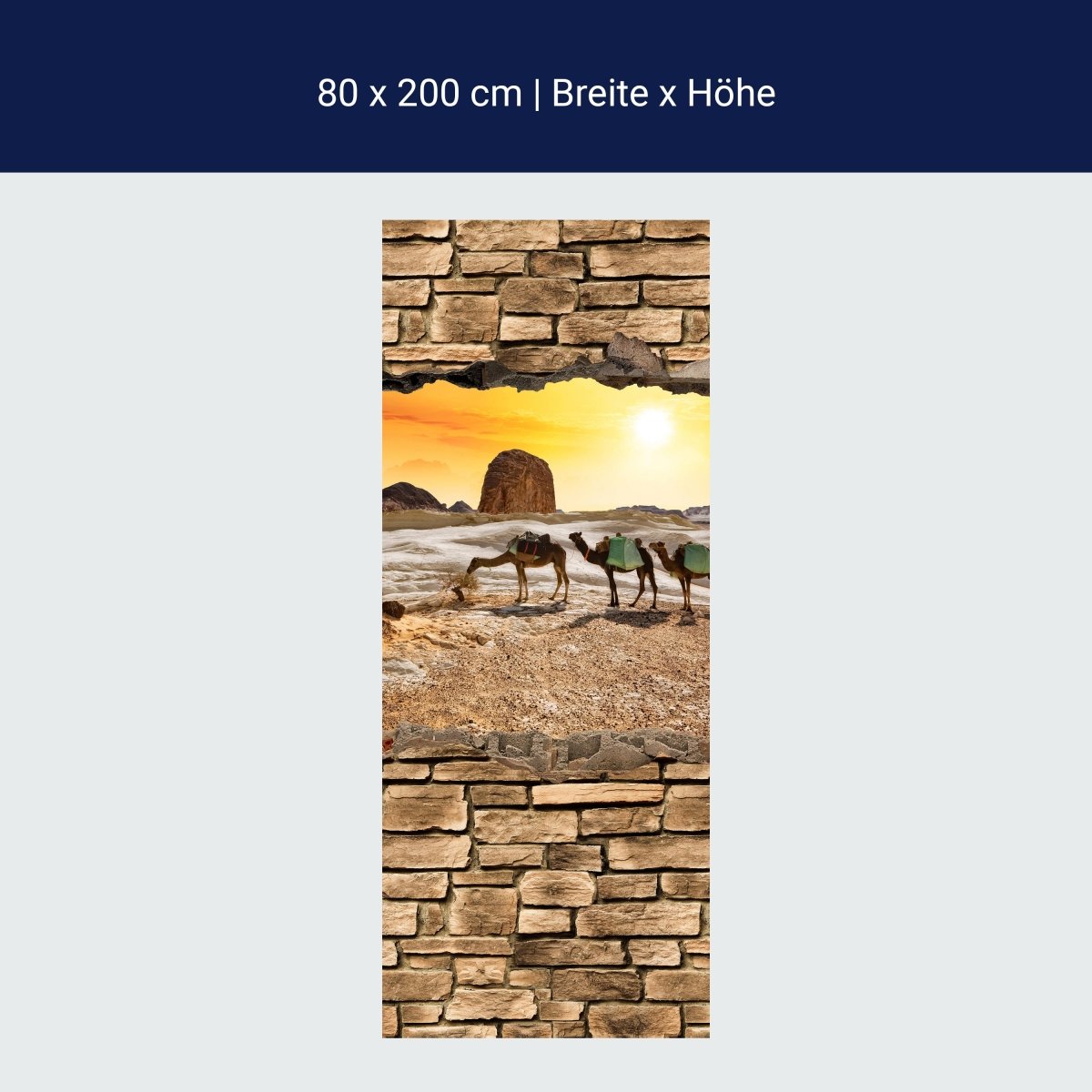 Türtapete 3D Kamele in der Wüste - Steinmauer M0673