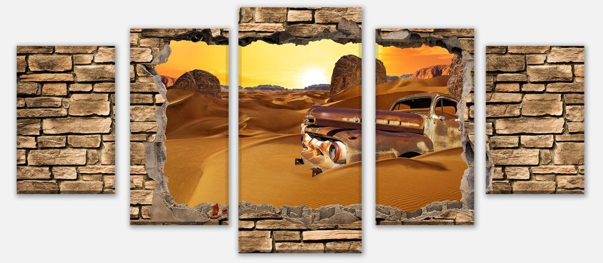 Leinwandbild Mehrteiler 3D Altes Auto in der Wüste -Steinmauer M0674 entdecken - Bild 1