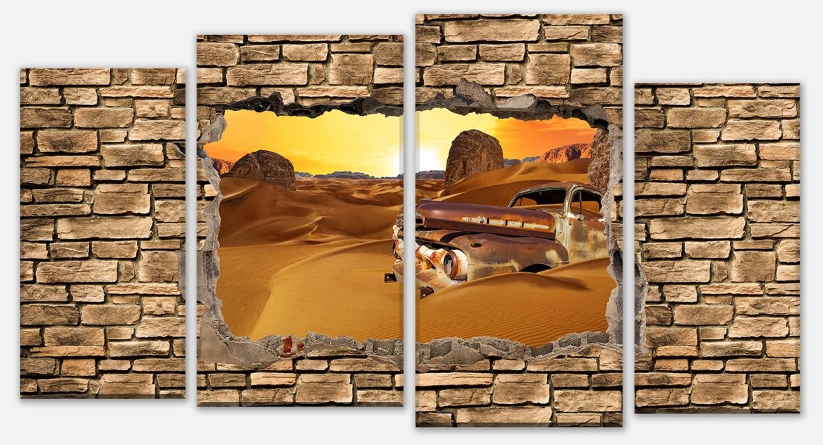 Leinwandbild Mehrteiler 3D Altes Auto in der Wüste -Steinmauer M0674