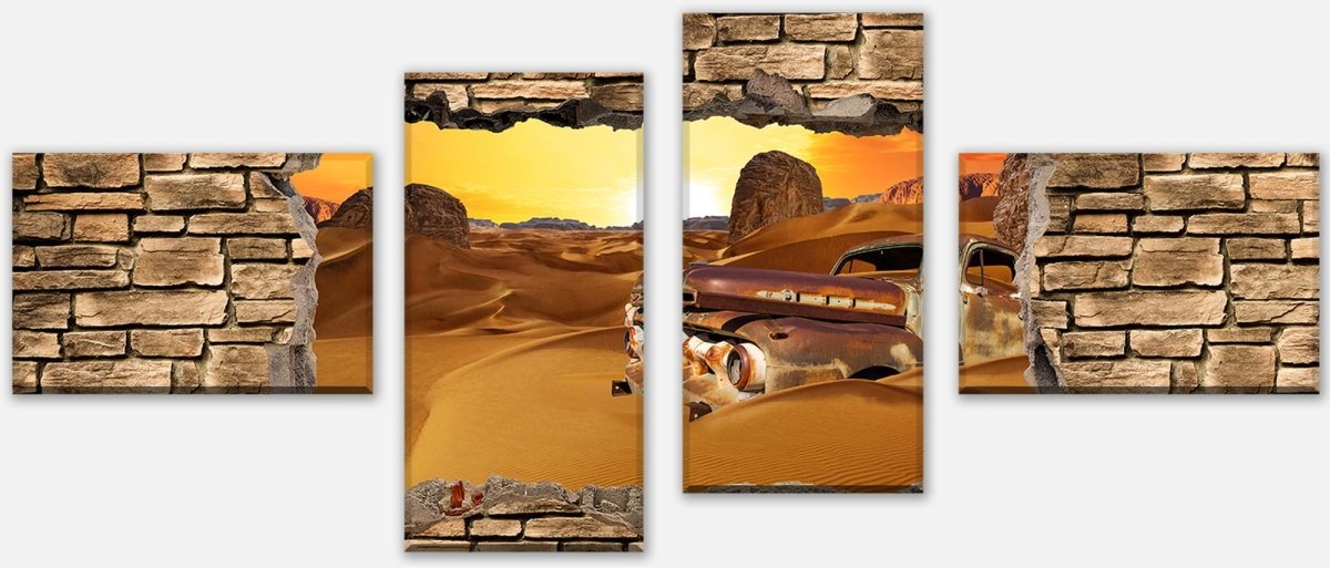 Canvas Print Multi-Piece 3D Old Car in the Desert -Stone Wall M0674