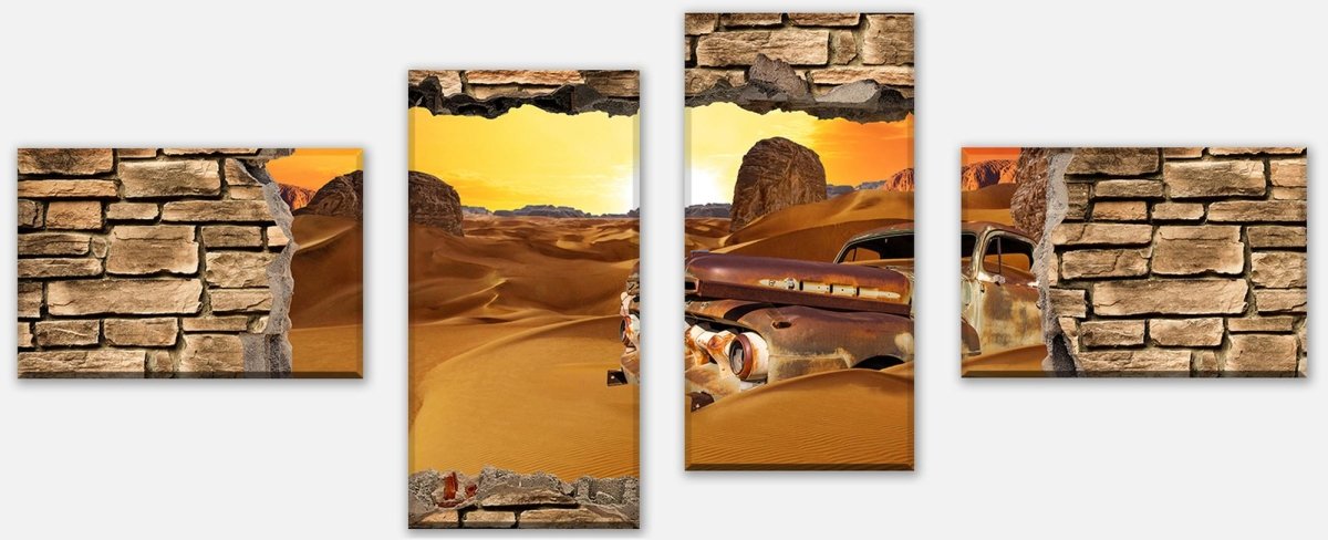 Canvas Print Multi-Piece 3D Old Car in the Desert -Stone Wall M0674