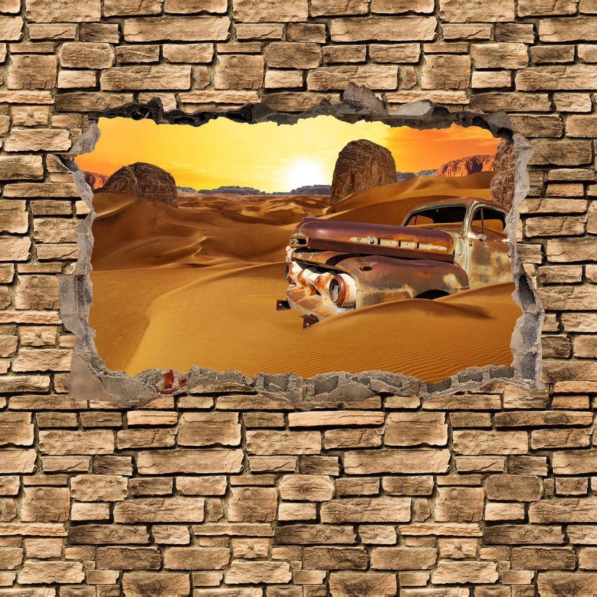 Beistelltisch 3D Altes Auto in der Wüste -Steinmauer M0674 entdecken - Bild 2