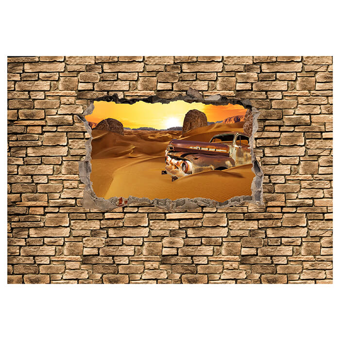 Fototapete 3D Altes Auto in der Wüste -Steinmauer M0674 - Bild 2
