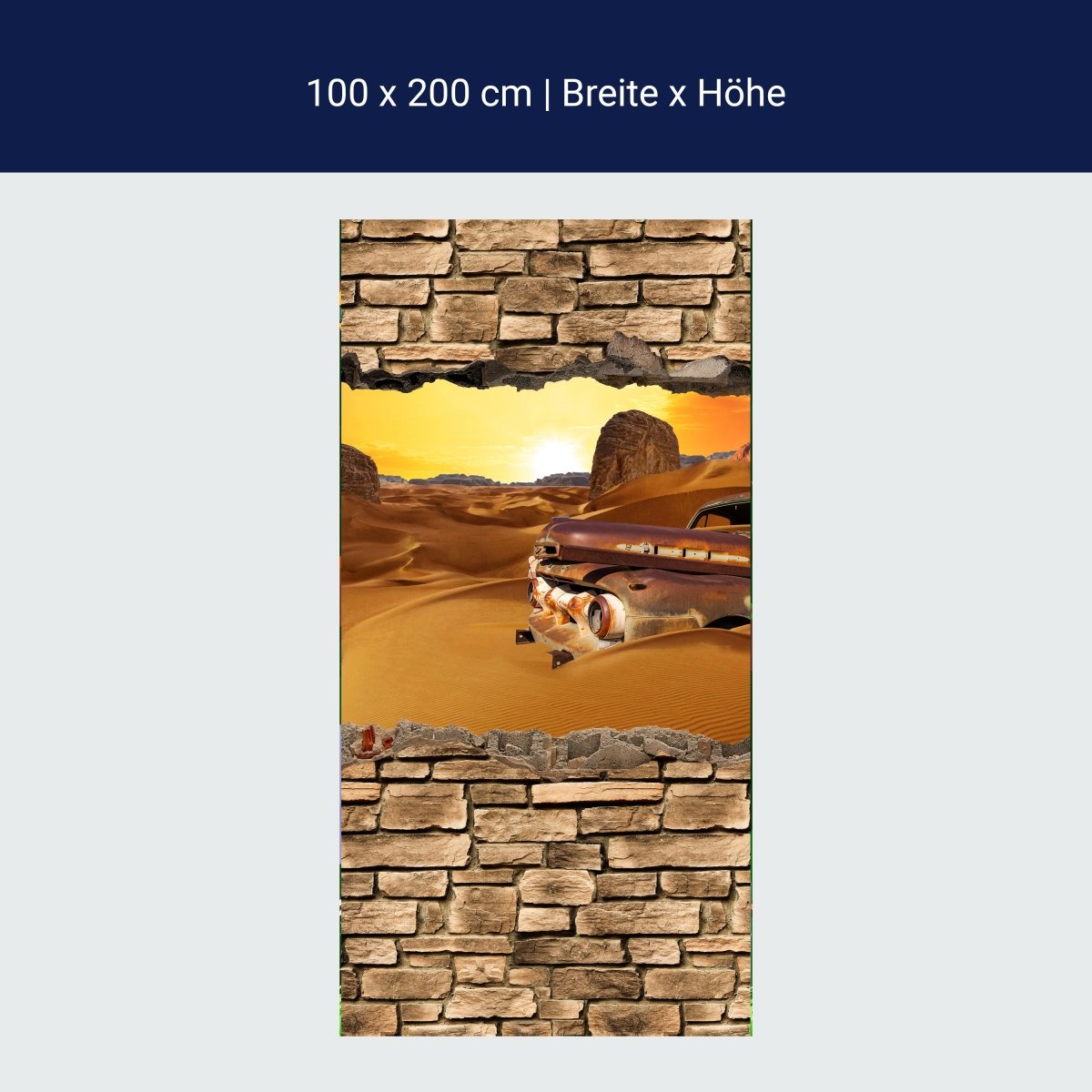 Türtapete 3D Altes Auto in der Wüste -Steinmauer M0674