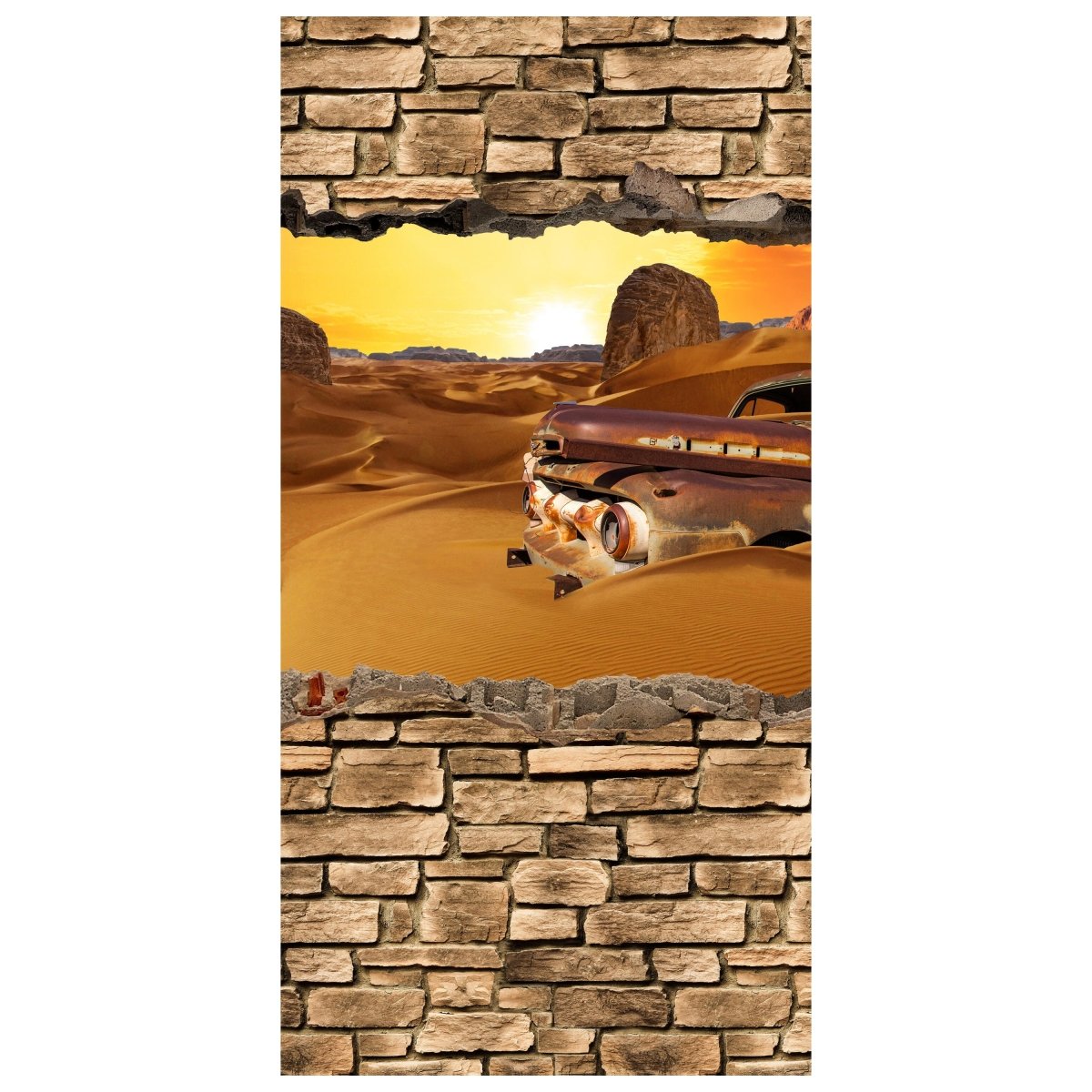Türtapete 3D Altes Auto in der Wüste -Steinmauer M0674 - Bild 2