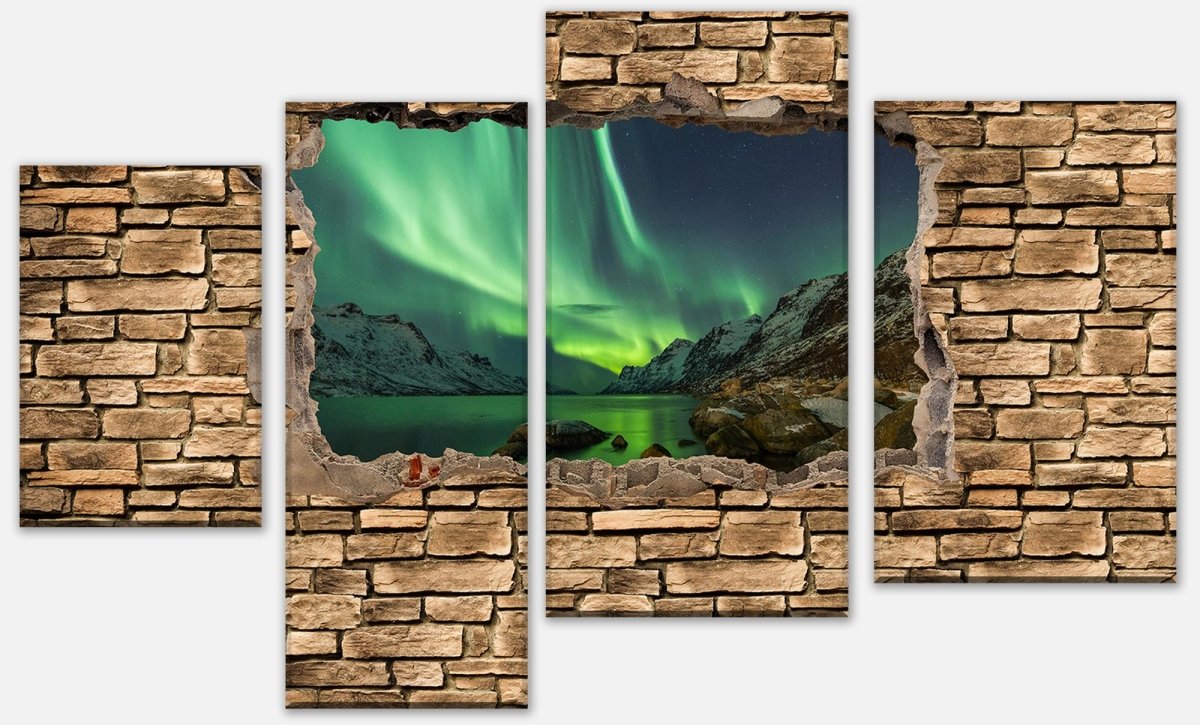 Leinwandbild Mehrteiler 3D Optik - Aurora Borealis Tromsö - Steinmauer M0675