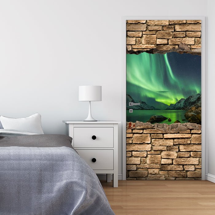 Türtapete 3D Optik - Aurora Borealis Tromsö - Steinmauer M0675 - Bild 1