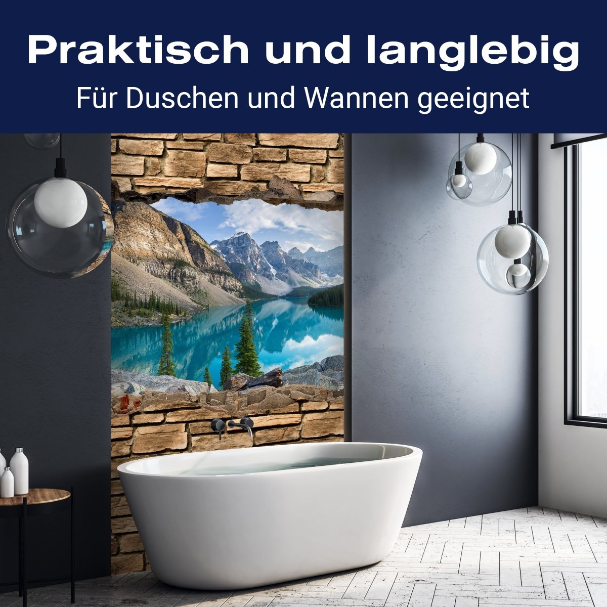 Duschwand 3D Moraine lake rocky mountain panorama - Steinmauer M0676 entdecken - Bild 3
