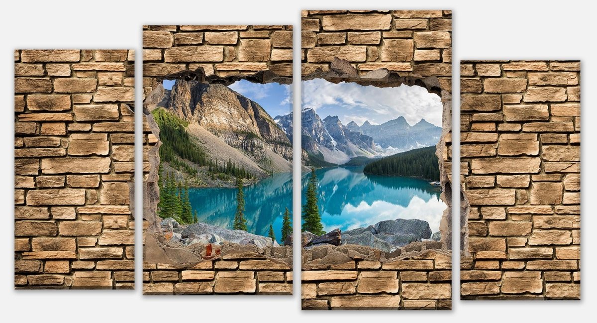Tableau sur toile Multi-pièces 3D Lac moraine panorama des montagnes rocheuses - mur de pierre M0676