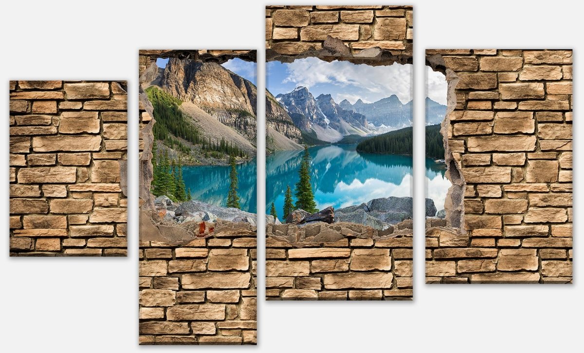 Canvas Print Multi-Piece 3D Moraine lake rocky mountain panorama - stone wall M0676