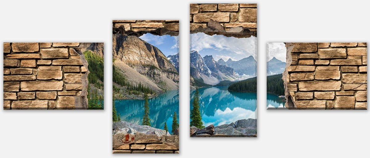 Tableau sur toile Multi-pièces 3D Lac moraine panorama des montagnes rocheuses - mur de pierre M0676