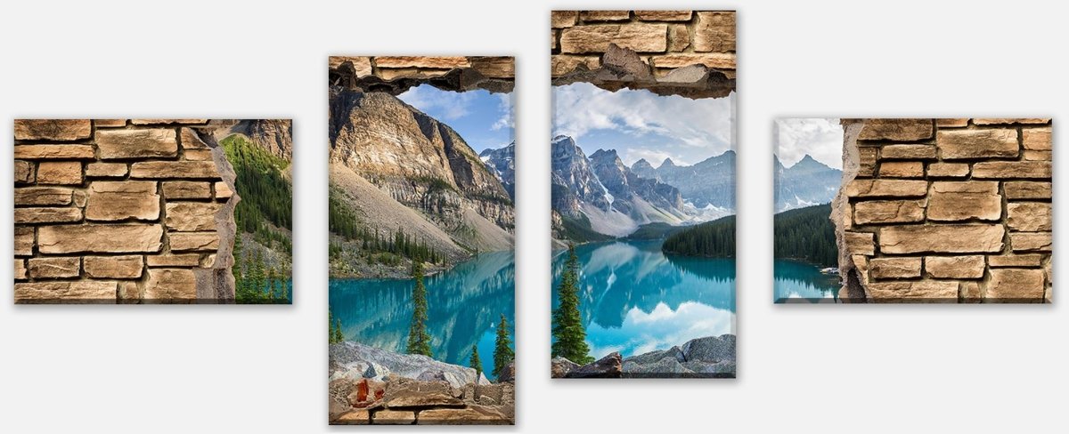 Leinwandbild Mehrteiler 3D Moraine lake rocky mountain panorama - Steinmauer M0676