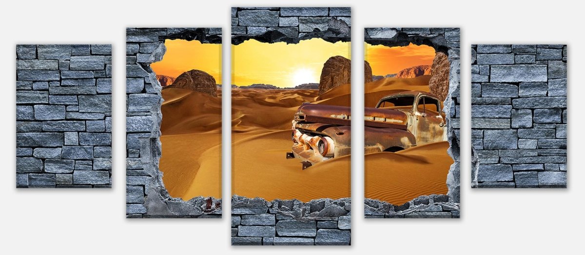 Leinwandbild Mehrteiler 3D Altes Auto in der Wüste- grobe Steinmauer M0679 entdecken - Bild 1