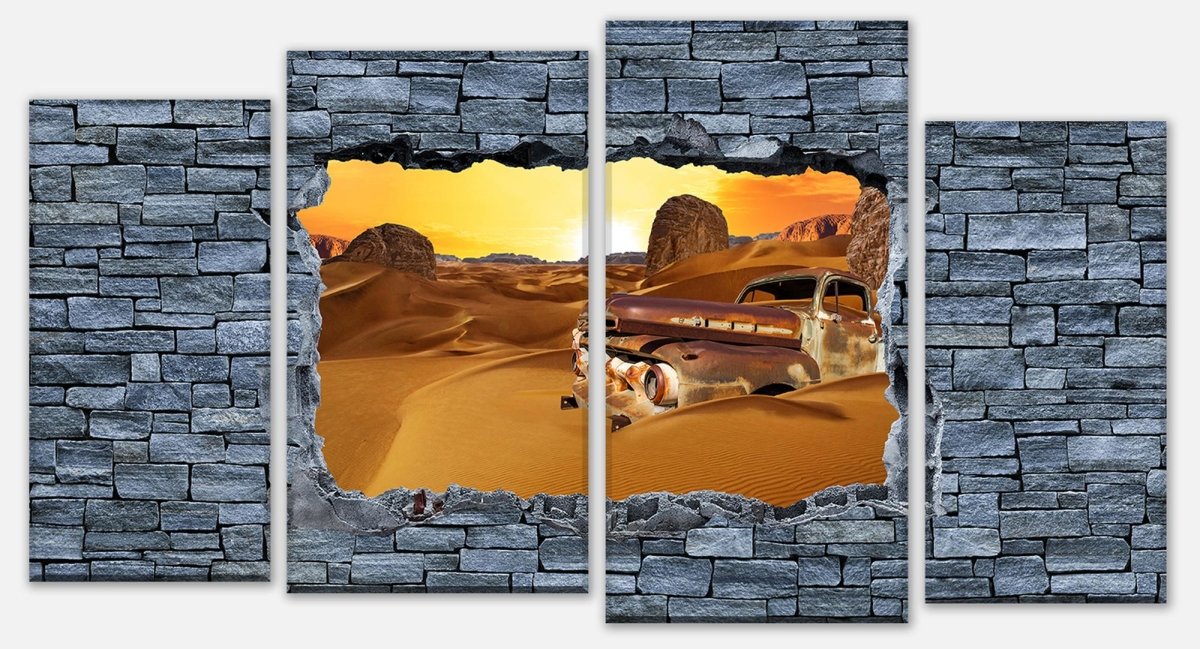 Tableau sur toile 3D Vieille voiture dans le désert - mur en pierre brute M0679