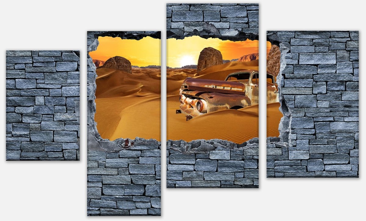 Stretched Canvas Print 3D Old car in the desert - rough stone wall M0679