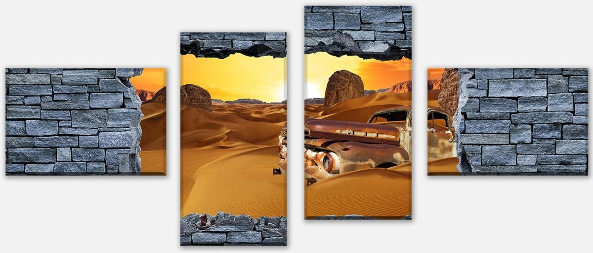 Leinwandbild Mehrteiler 3D Altes Auto in der Wüste- grobe Steinmauer M0679