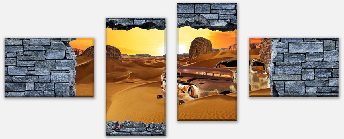 Leinwandbild Mehrteiler 3D Altes Auto in der Wüste- grobe Steinmauer M0679