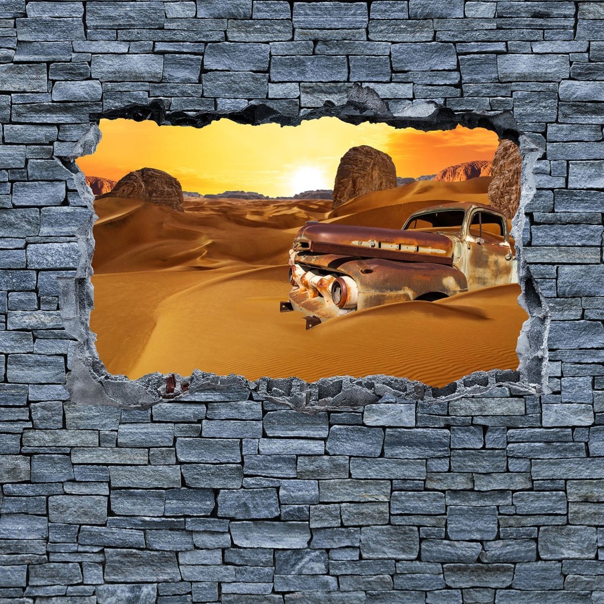Beistelltisch 3D Altes Auto in der Wüste- grobe Steinmauer M0679 entdecken - Bild 2