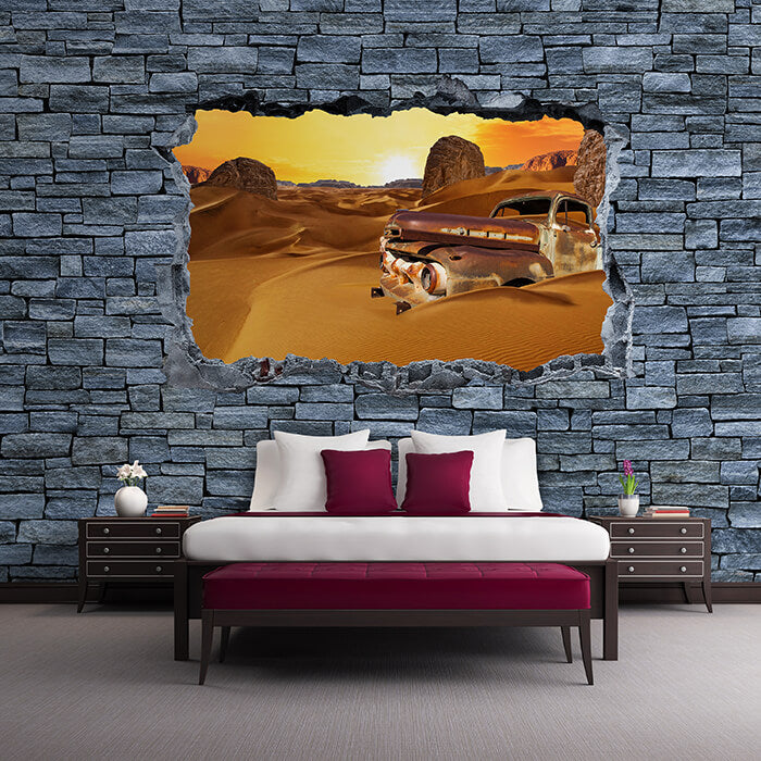 Fototapete 3D Altes Auto in der Wüste- grobe Steinmauer M0679 - Bild 1