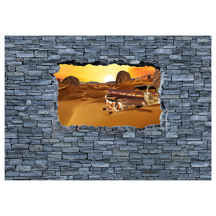 Fototapete 3D Altes Auto in der Wüste- grobe Steinmauer M0679 - Bild 2