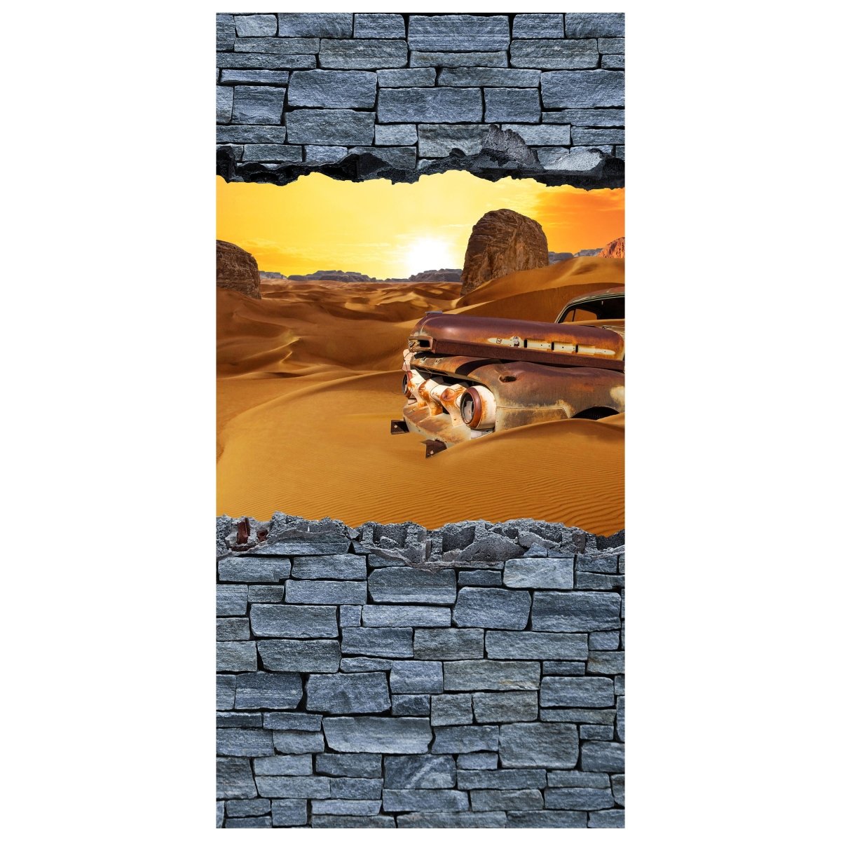 Türtapete 3D Altes Auto in der Wüste- grobe Steinmauer M0679 - Bild 2