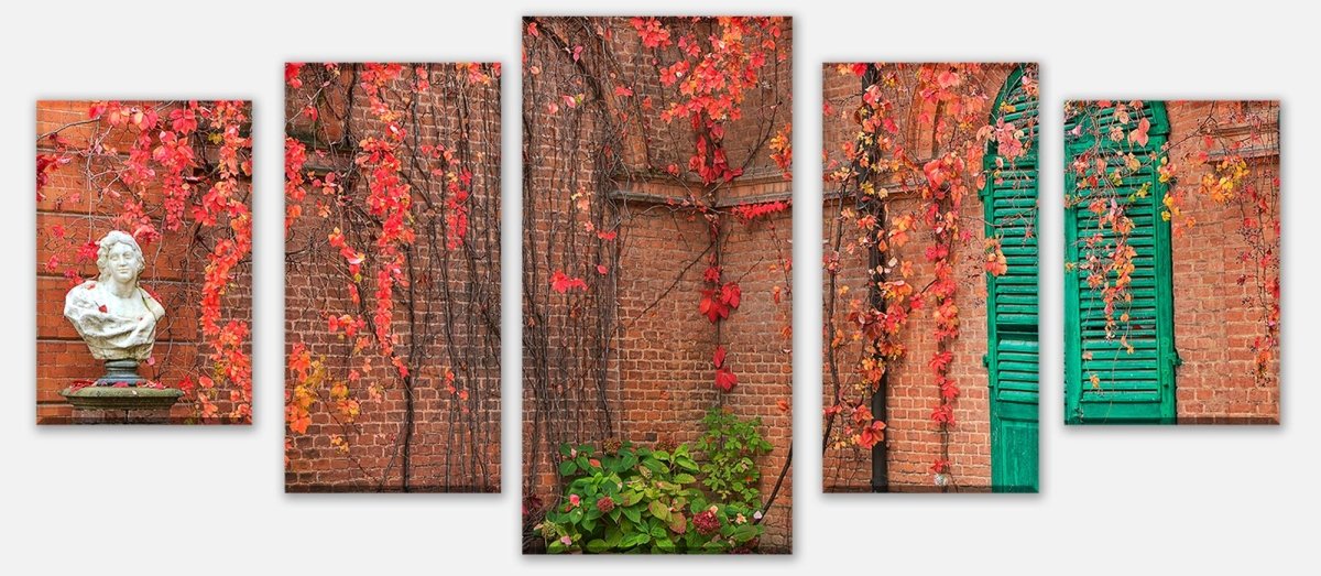 Leinwandbild Mehrteiler Efeu mit roten Blättern wachsen auf einer roten Mauer M0789 entdecken - Bild 1
