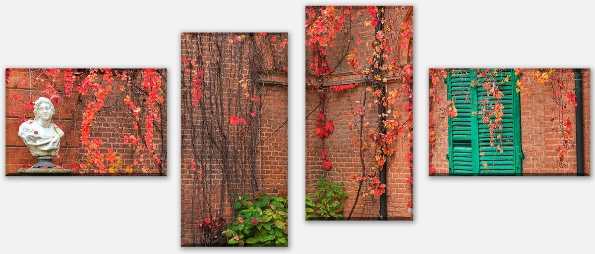 Leinwandbild Mehrteiler Efeu mit roten Blättern wachsen auf einer roten Mauer M0789