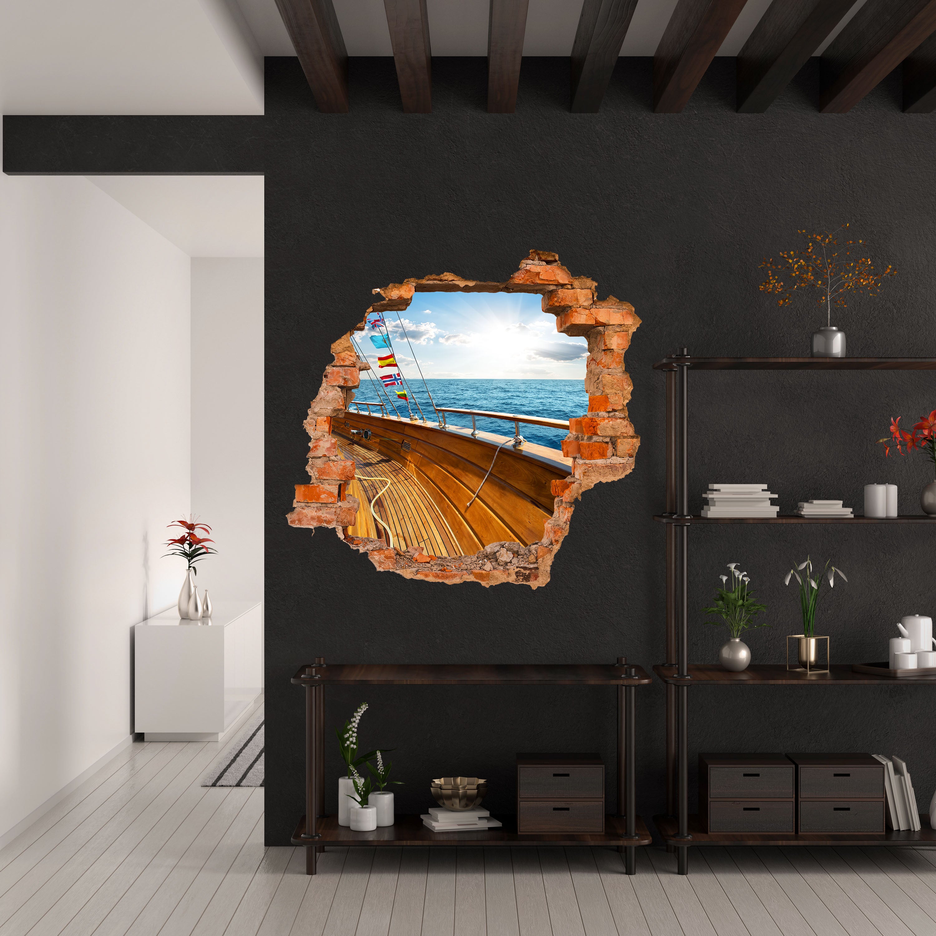 Sticker mural 3D yacht en mer par une journée ensoleillée - Wall Decal M0795