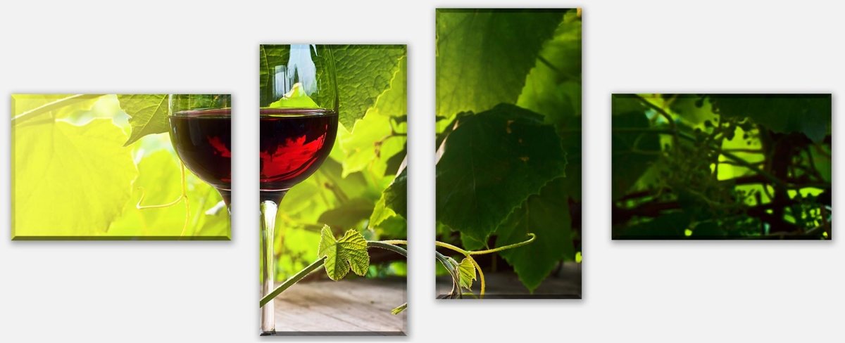 Leinwandbild Mehrteiler Glas mit Rotwein im Weinberg M0830