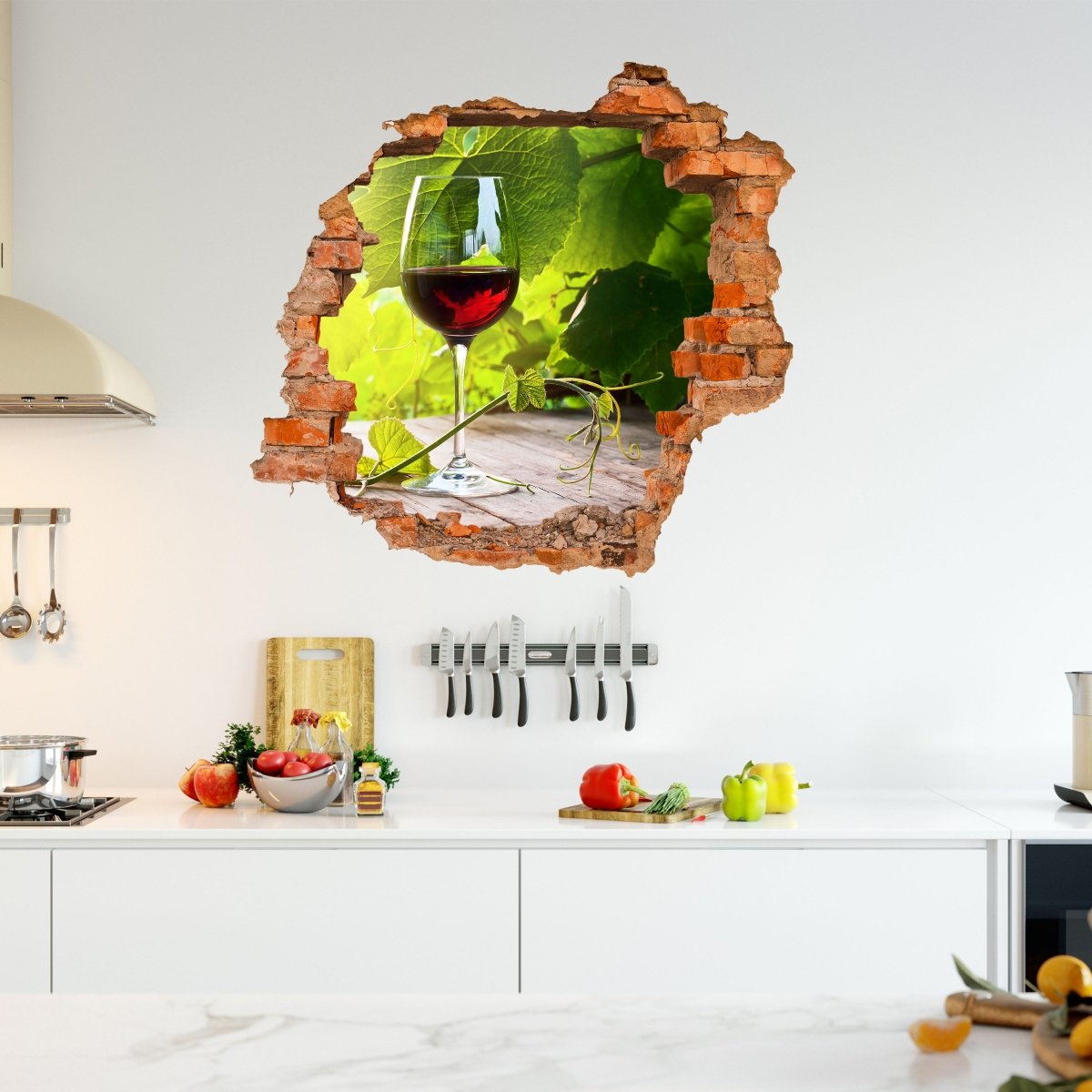 Sticker mural 3D verre avec vin rouge dans le vignoble - Wall Decal M0830