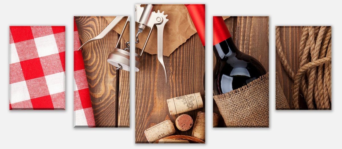 Leinwandbild Mehrteiler Rotweinflasche, Schüssel mit Korken und Korkenzieher M0832 entdecken - Bild 1