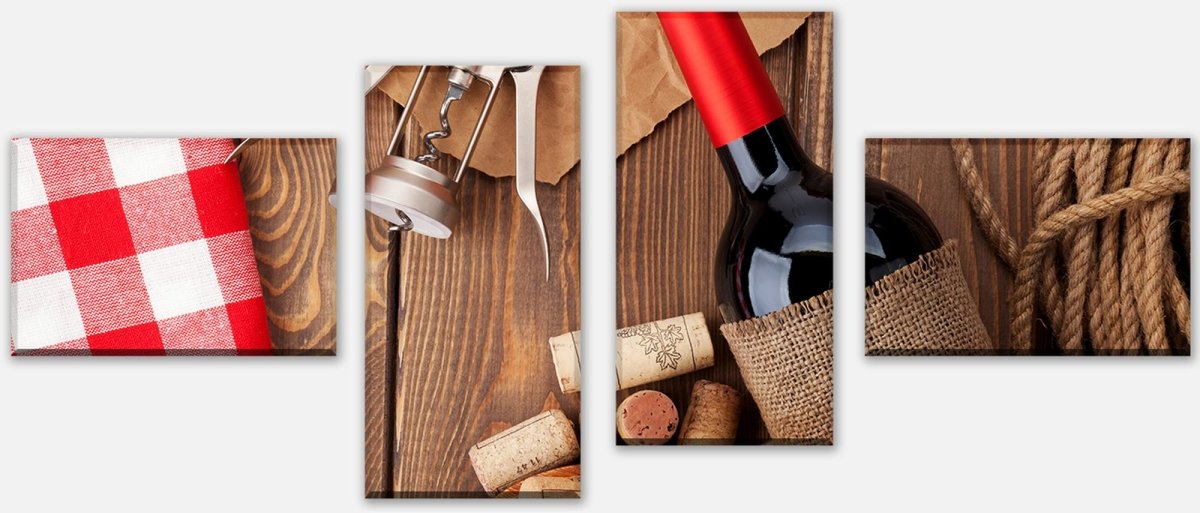 Leinwandbild Mehrteiler Rotweinflasche, Schüssel mit Korken und Korkenzieher M0832
