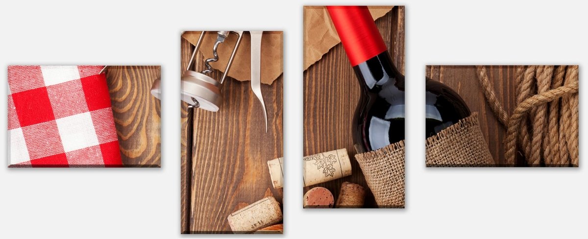 Leinwandbild Mehrteiler Rotweinflasche, Schüssel mit Korken und Korkenzieher M0832