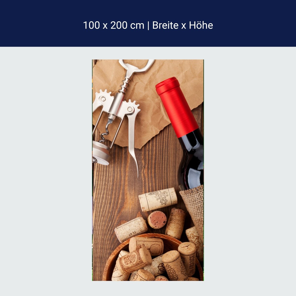 Türtapete Rotweinflasche, Schüssel mit Korken und Korkenzieher M0832