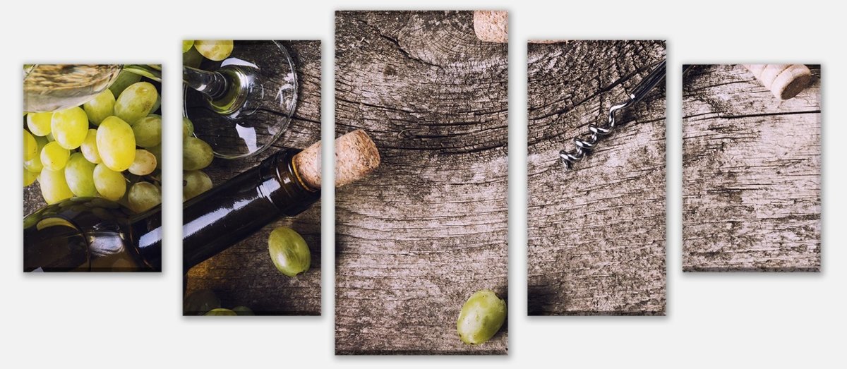 Leinwandbild Mehrteiler Flasche Weißwein und Trauben auf einem alten Tisch M0838 entdecken - Bild 1