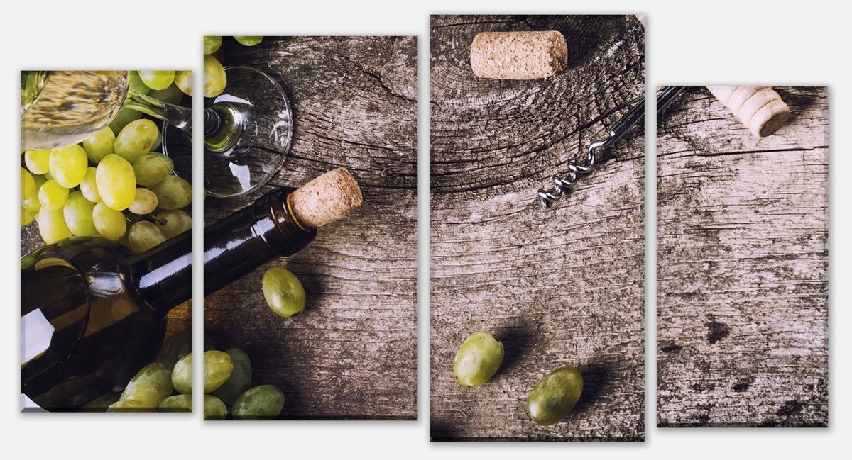 Stretched Canvas Print Bottle of white wine and grapes on an old table M0838