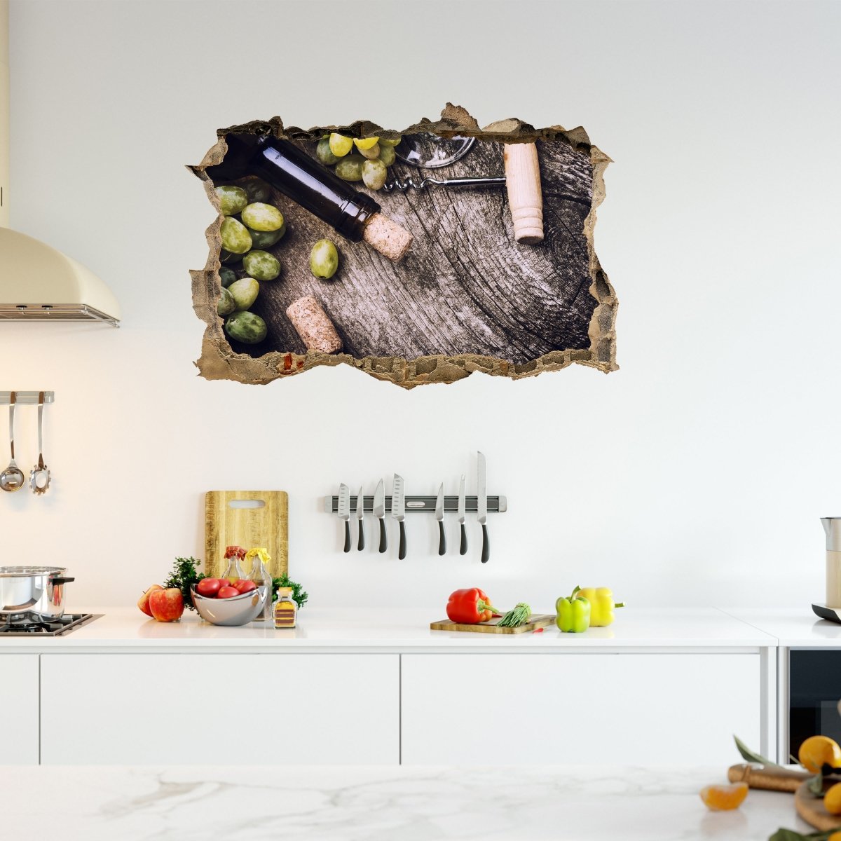 3D wall sticker grape and cork on old wooden background - Wall Decal M0839