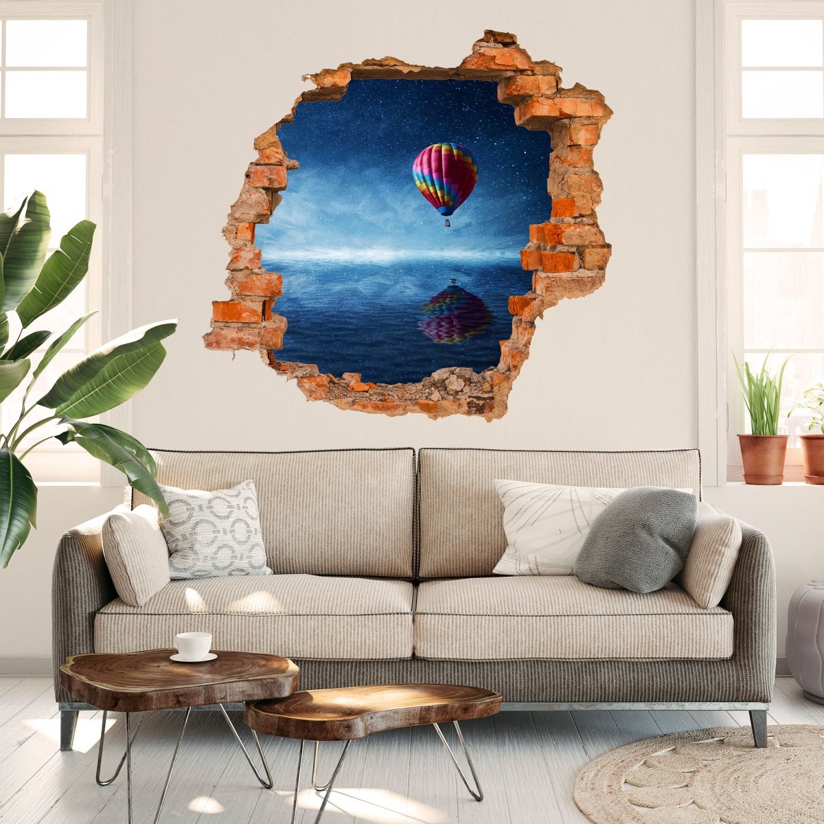 Sticker mural 3D montgolfière survolant une mer bleu nuit - sticker mural M0857